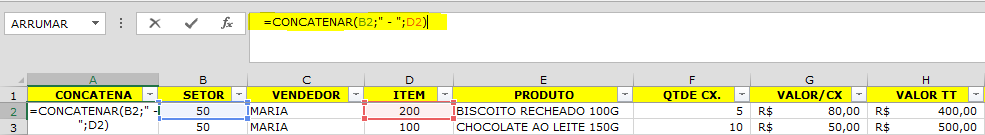 O objetivo desta função é unir o “código do setor” ao “código do item” para utilizarmos no relatório consolidado.