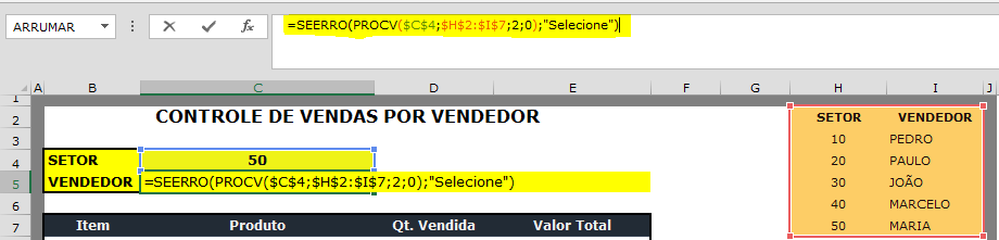 De acordo com uma lista de nomes e selecionando o código do vendedor, irá ser exibido o nome do mesmo.