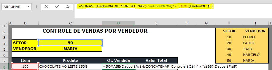 Nesta fórmula unimos o “código do setor” e o “código do item”, para buscar a informação na tabela de dados e somar as “quantidades” vendidas por item.
