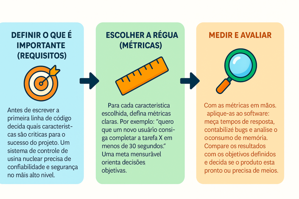 Fluxograma horizontal minimalista ilustrando o processo de avaliação de qualidade em 3 passos simples. As etapas são: 1. Definir Requisitos (ícone de alvo), 2. Escolher Métricas (ícone de régua) e 3. Medir e Avaliar (ícone de lupa).