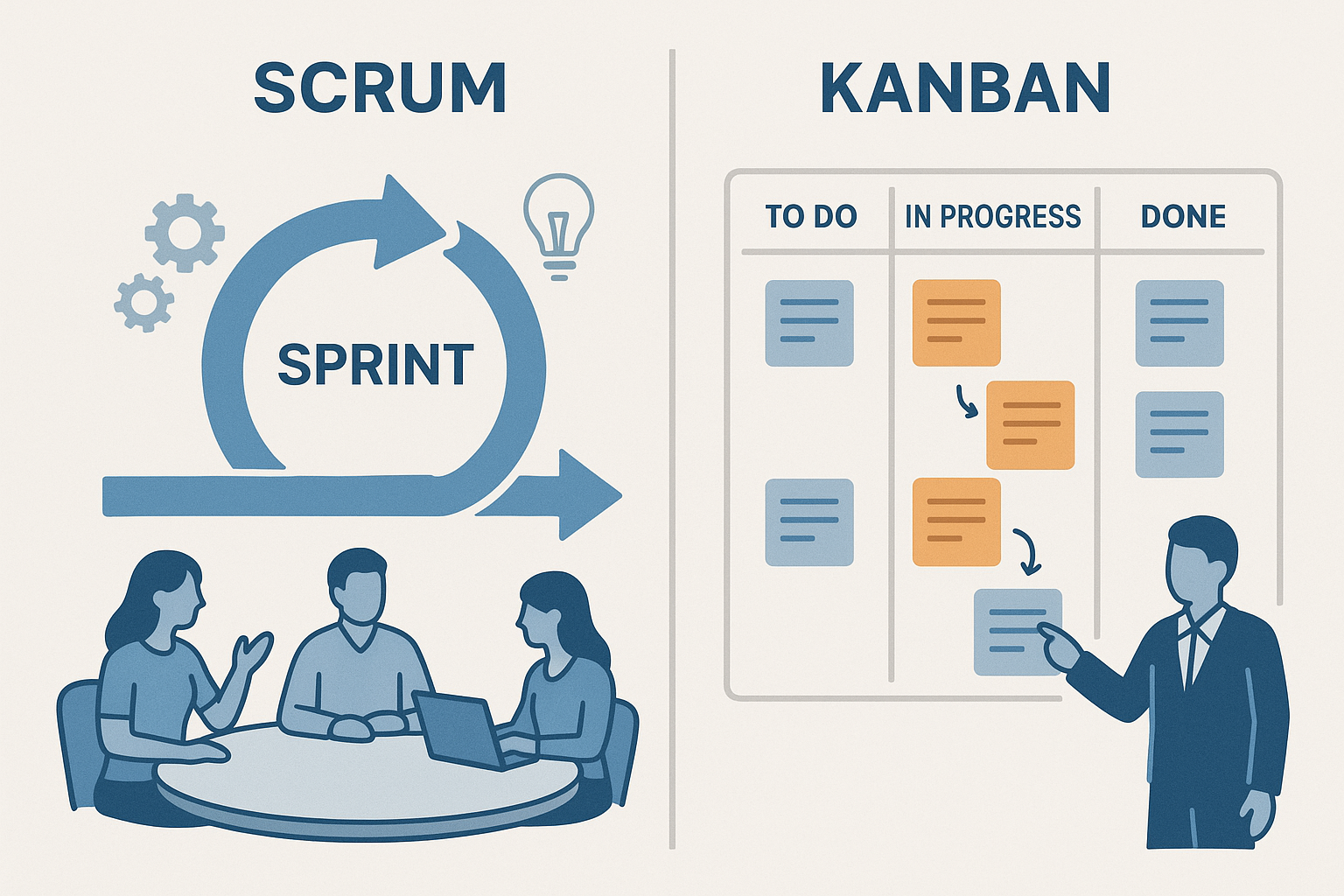 Comparação visual entre metodologias Scrum e Kanban para gestão ágil de projetos