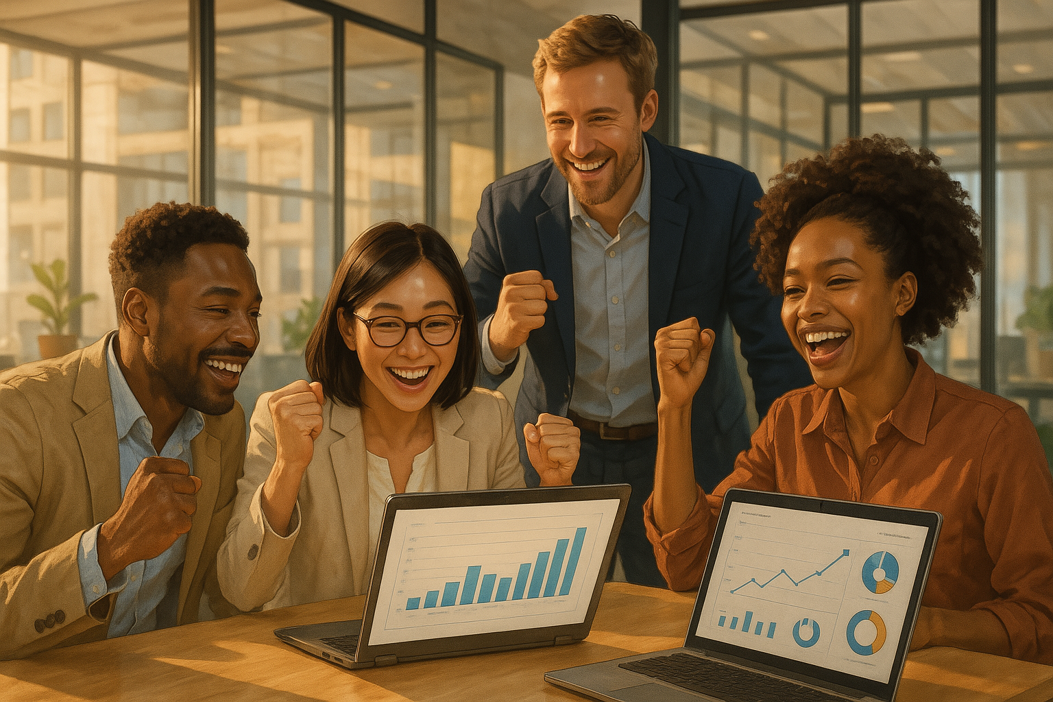 Equipe diversa celebrando sucesso em projeto com métricas positivas
