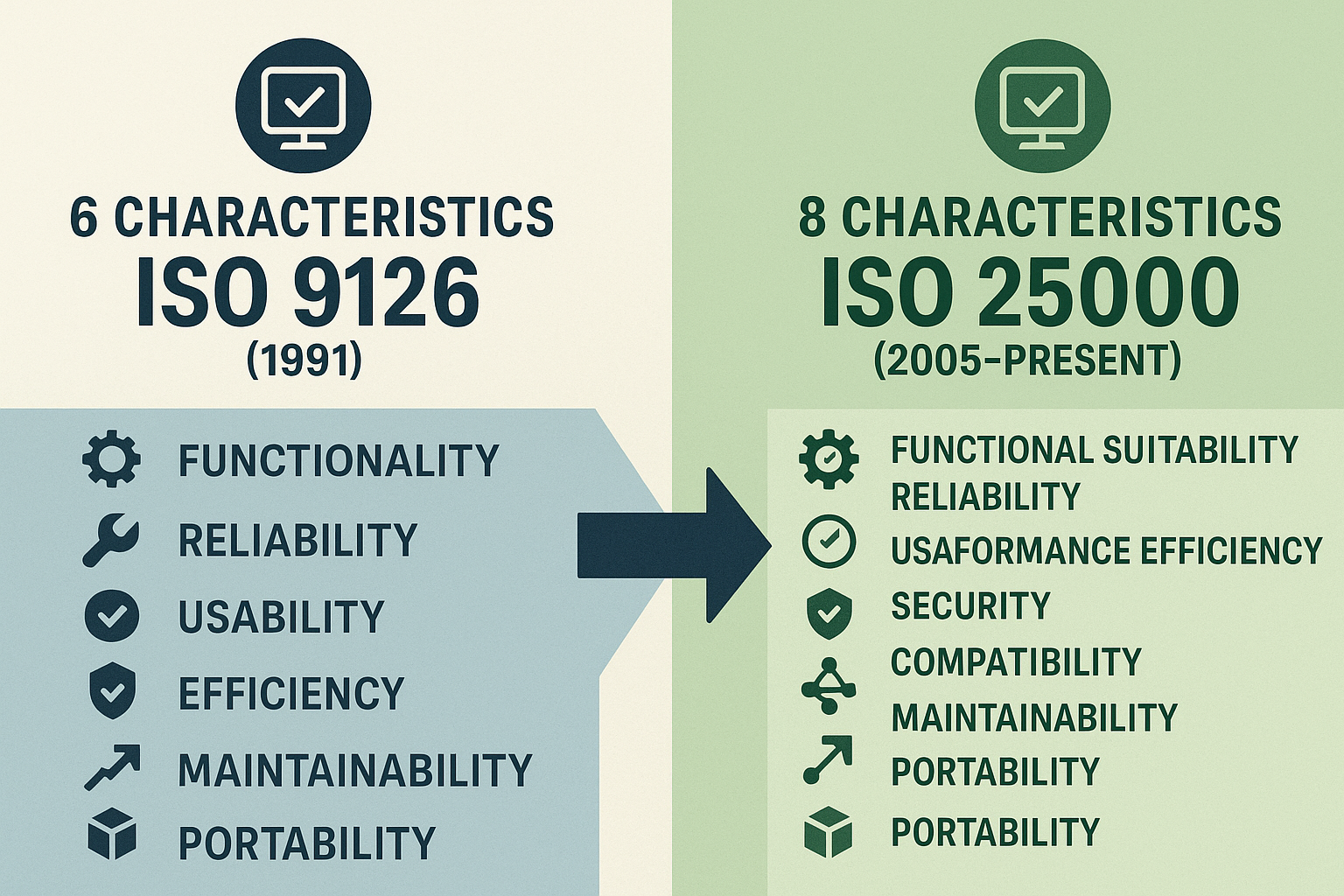 Infográfico comparativo mostrando a evolução da ISO 9126 (6 características) para ISO 25000 (8 características de qualidade de software)